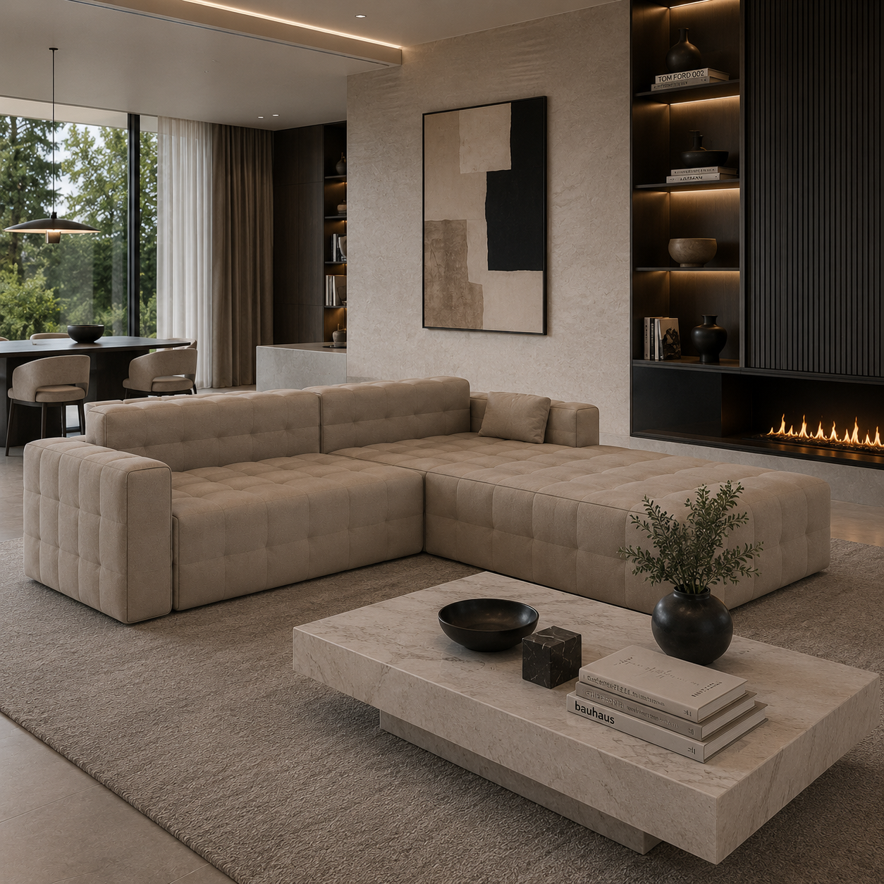 Beige Velvet Tufted Sectional Sofa with Right Chaise 3D Model 4