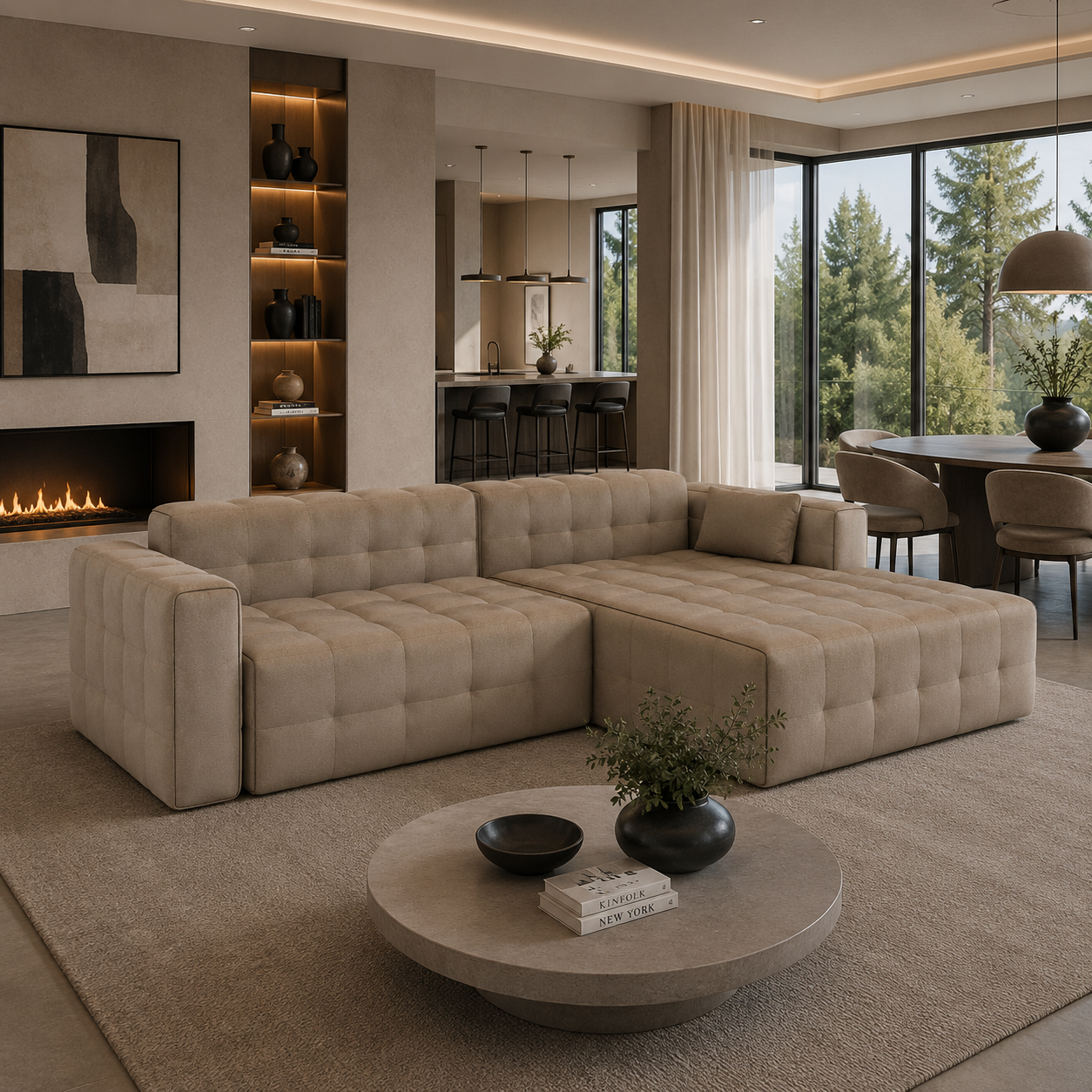 Beige Velvet Tufted Sectional Sofa with Right Chaise 3D Model 2