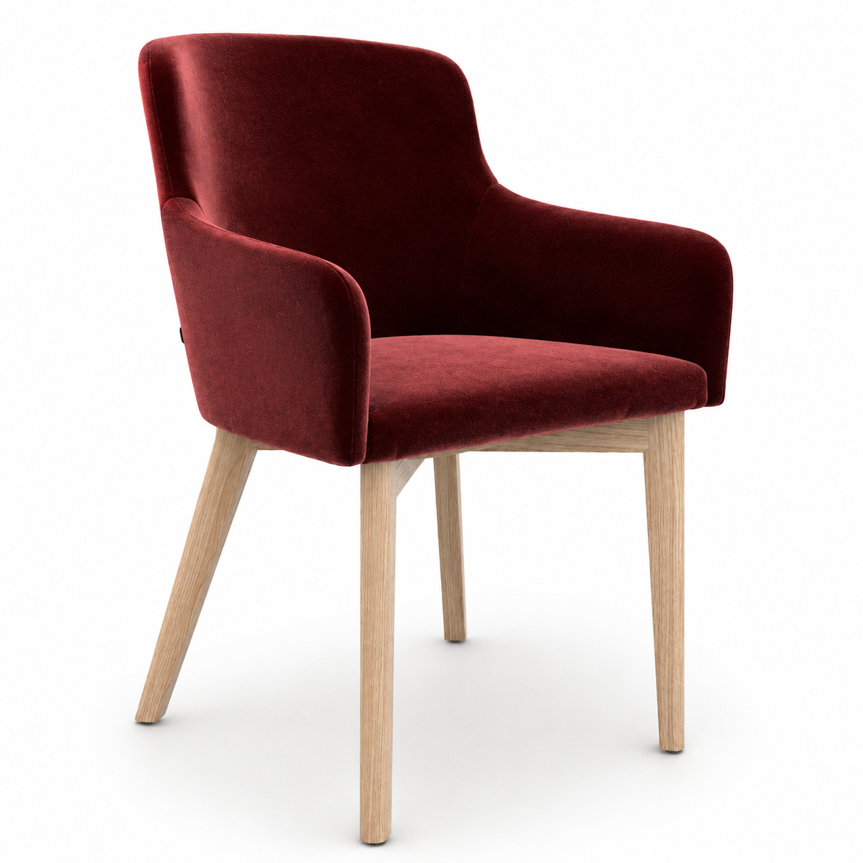 Burgundy Velvet Armchair with Light Wood Legs 3D Model 1