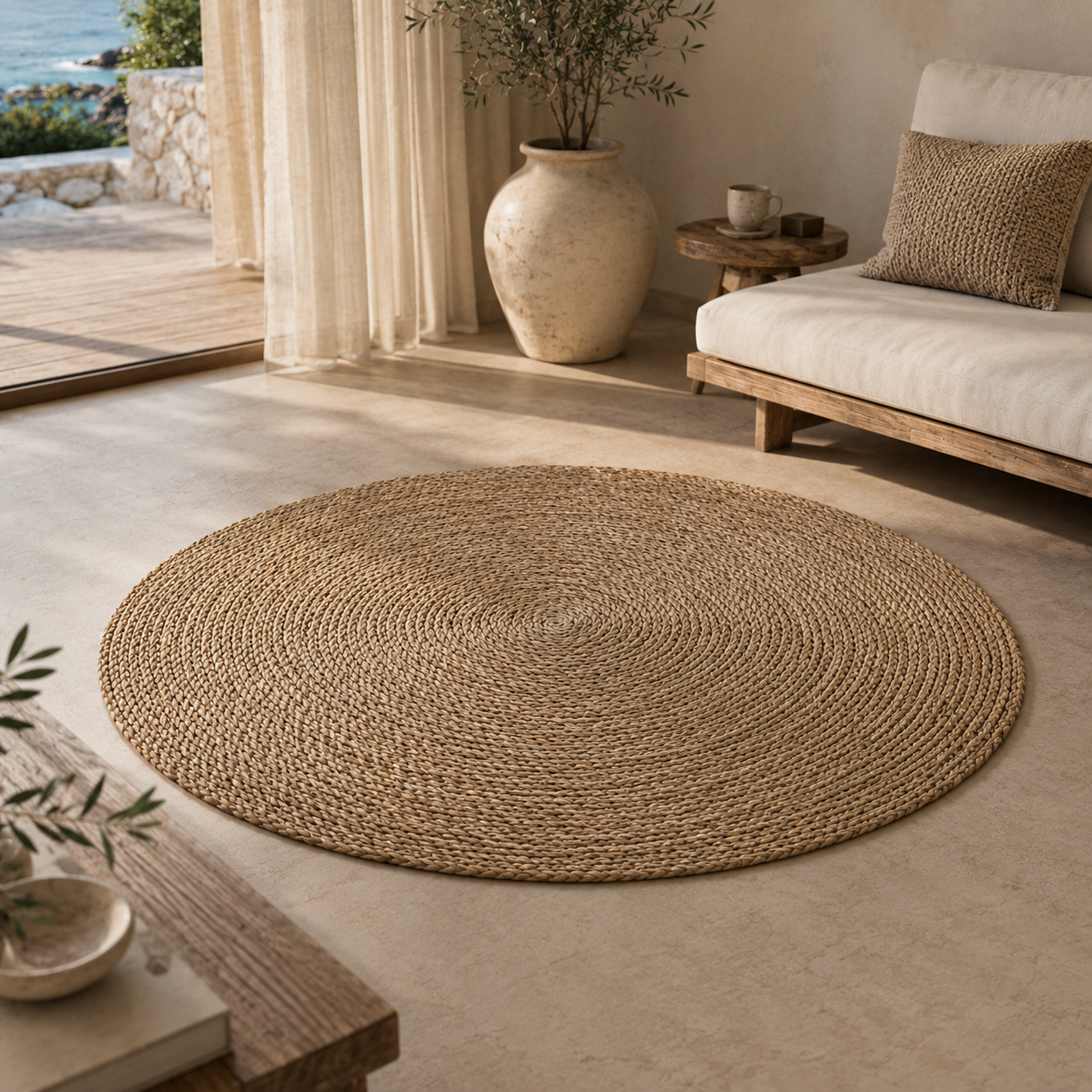 Round Warm Tan Rug – Concentric Braided Weave 3