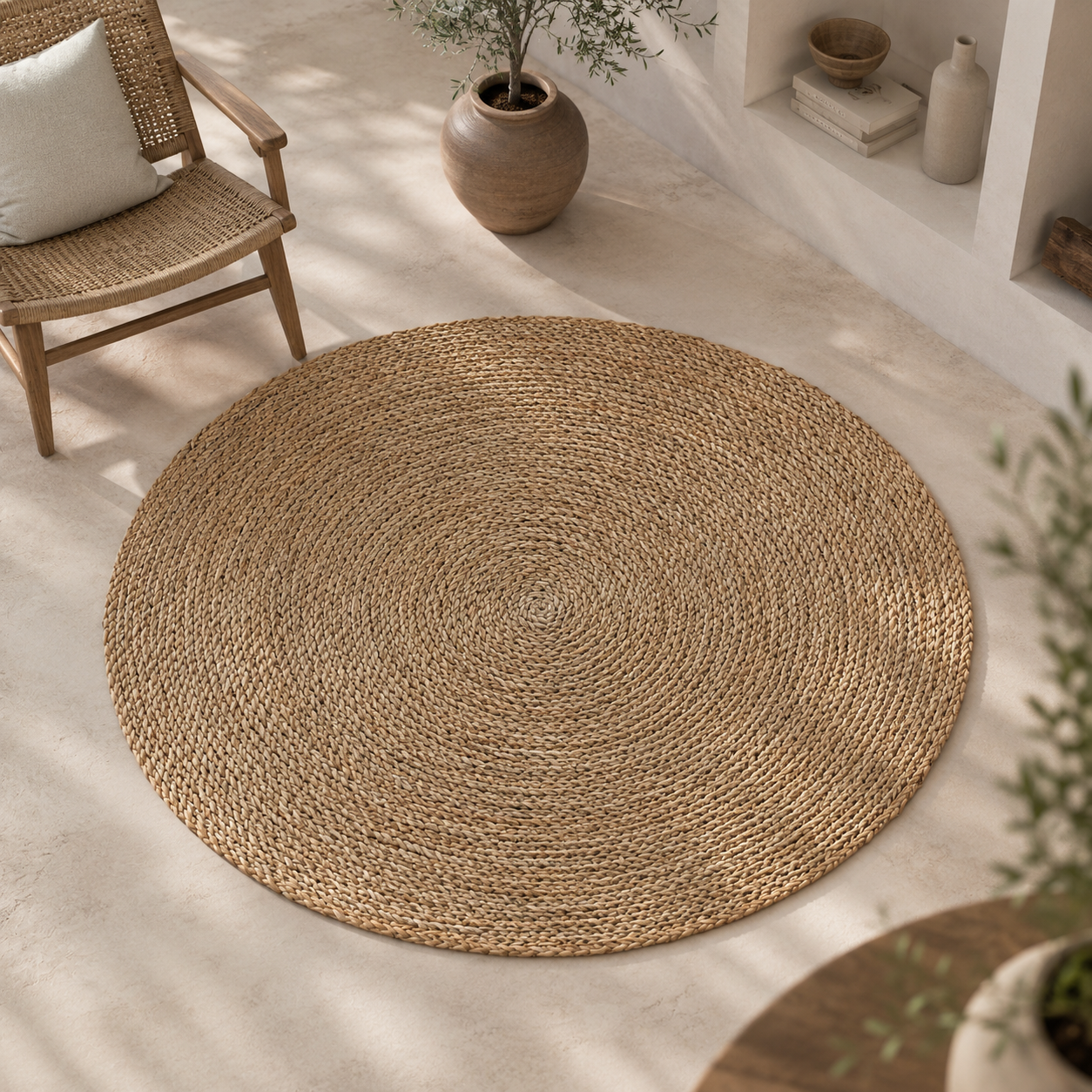 Round Warm Tan Rug – Concentric Braided Weave 2