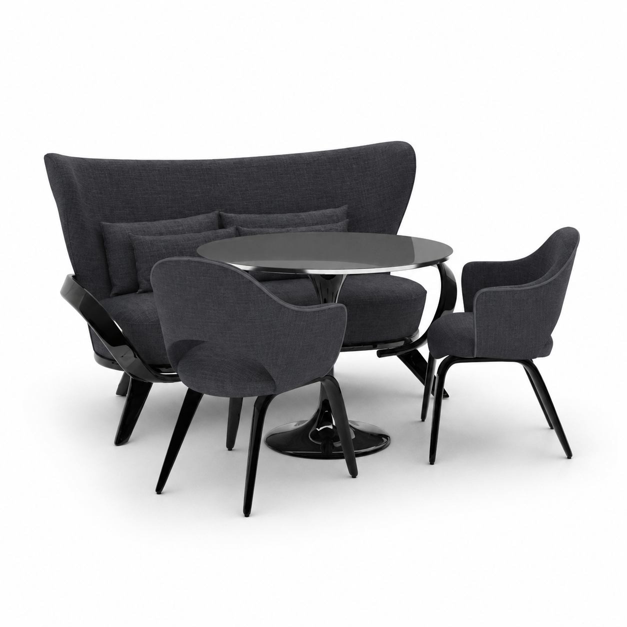 Charcoal Curved Banquette Dining Set – Glossy Black Pedestal Table 3D Model 1