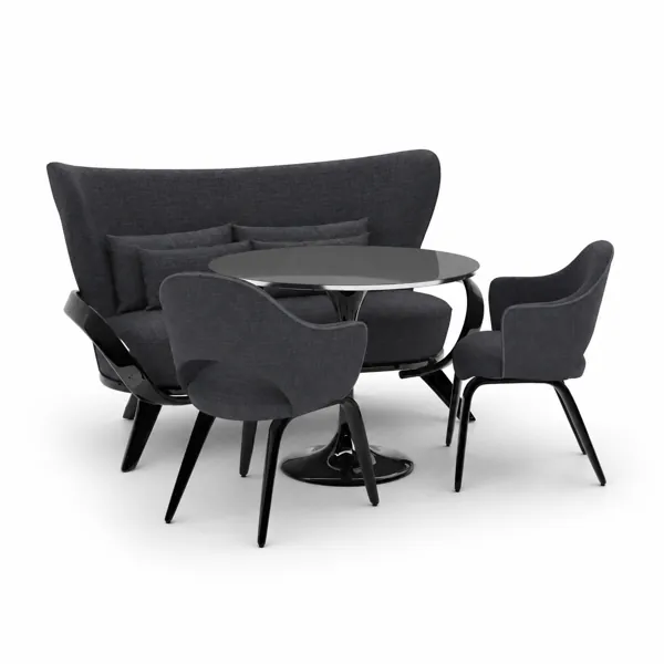 Charcoal Curved Banquette Dining Set – Glossy Black Pedestal Table 3D Model