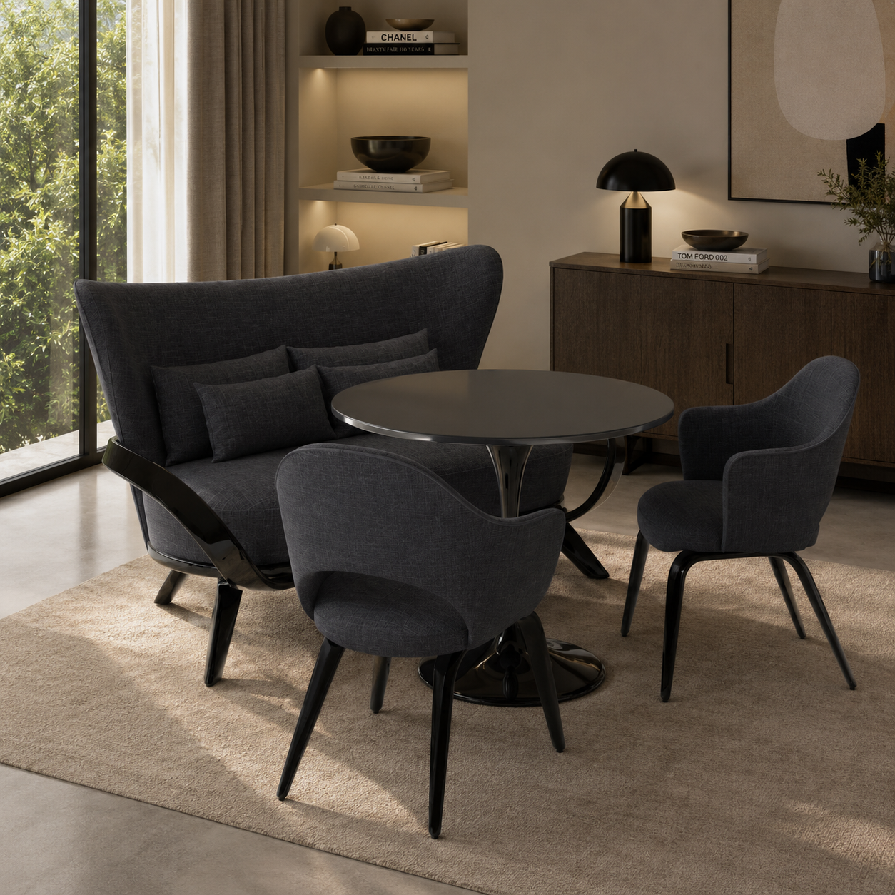 Charcoal Curved Banquette Dining Set – Glossy Black Pedestal Table 3D Model 3