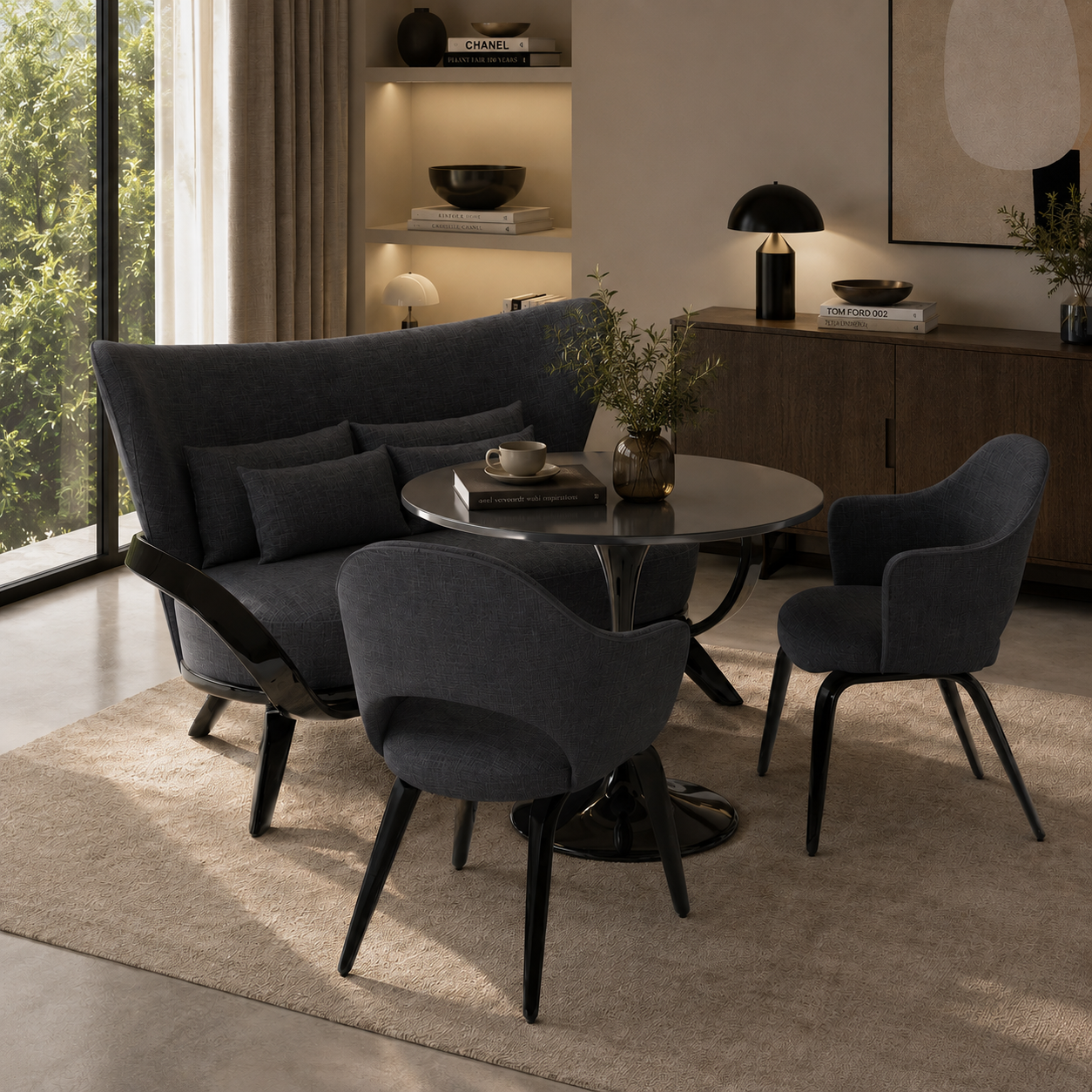Charcoal Curved Banquette Dining Set – Glossy Black Pedestal Table 3D Model 2