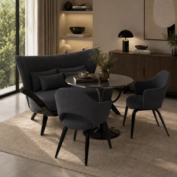 Charcoal Curved Banquette Dining Set – Glossy Black Pedestal Table 3D Model back