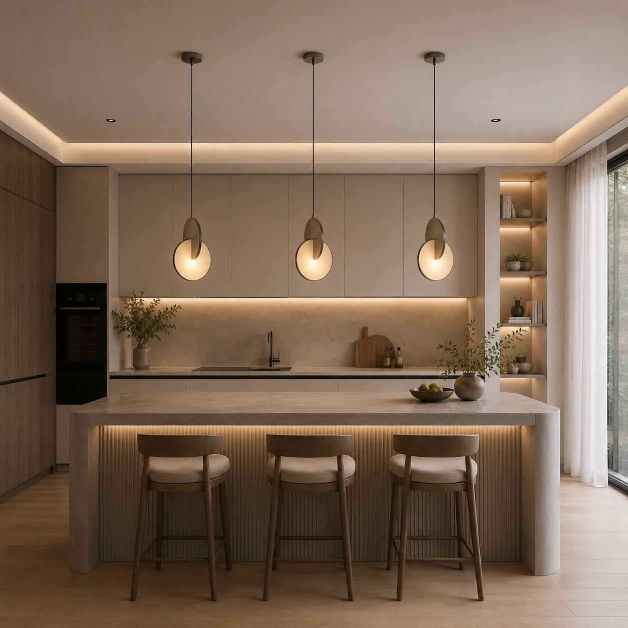 Modern Disc Pendant Light – Bronze & Warm Diffuser 3D Model 2