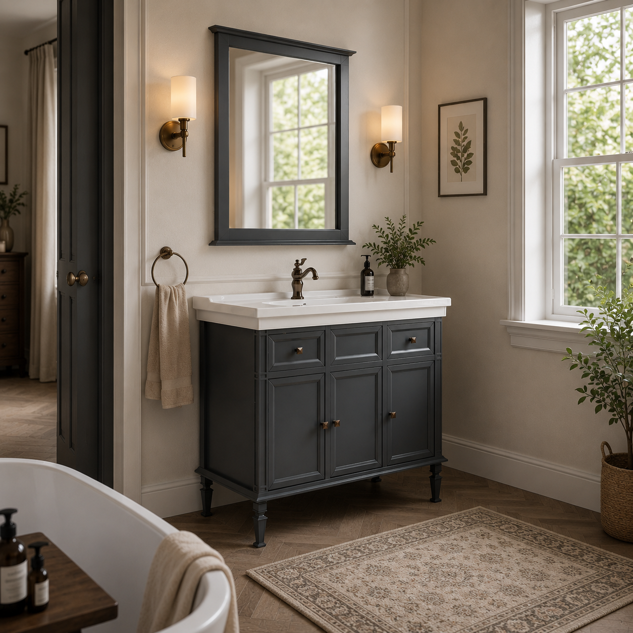 Classic Bathroom Vanity Set – Charcoal Cabinet & White Sink 3D Model 3
