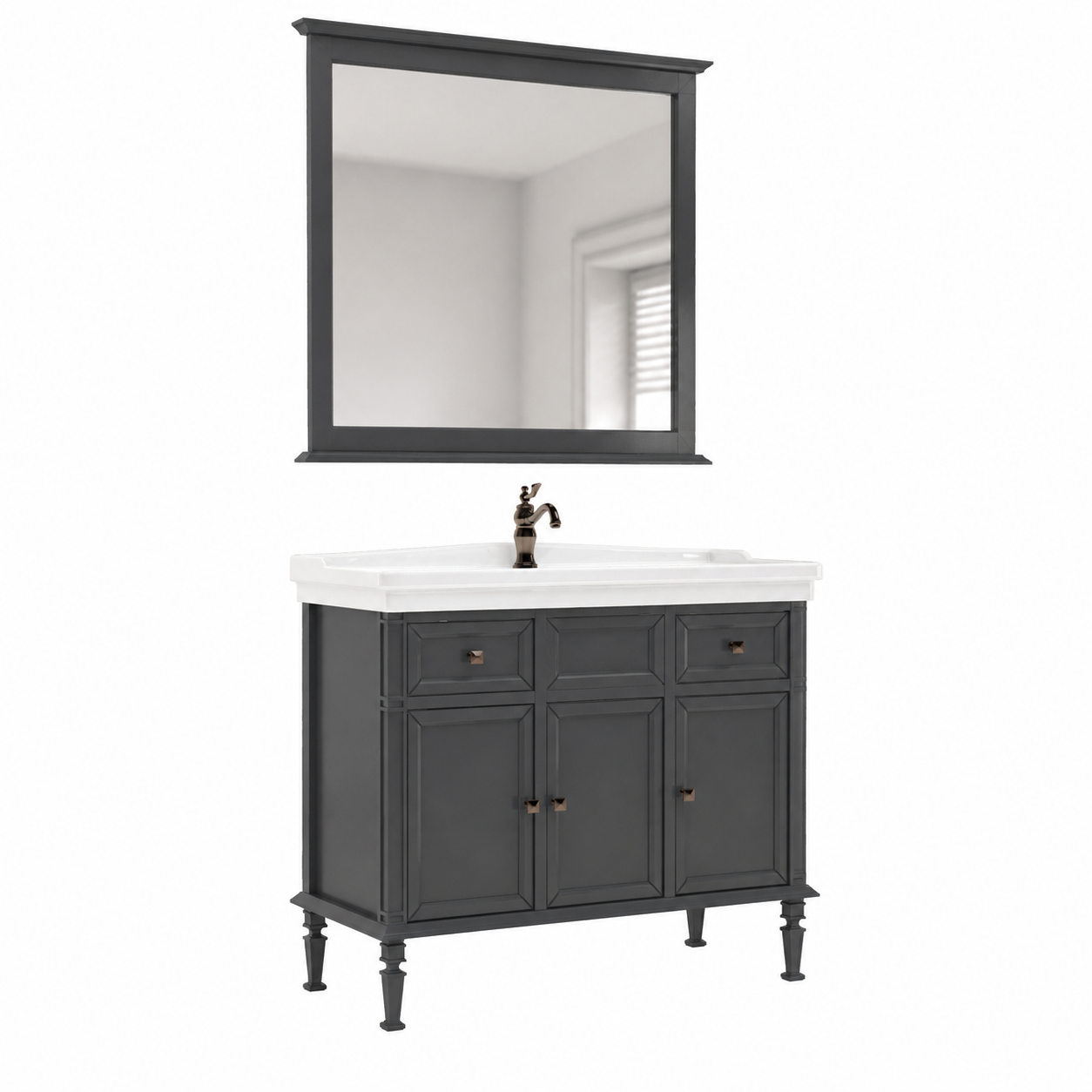 Classic Bathroom Vanity Set – Charcoal Cabinet & White Sink 3D Model 1