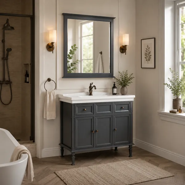 Classic Bathroom Vanity Set – Charcoal Cabinet & White Sink 3D Model back