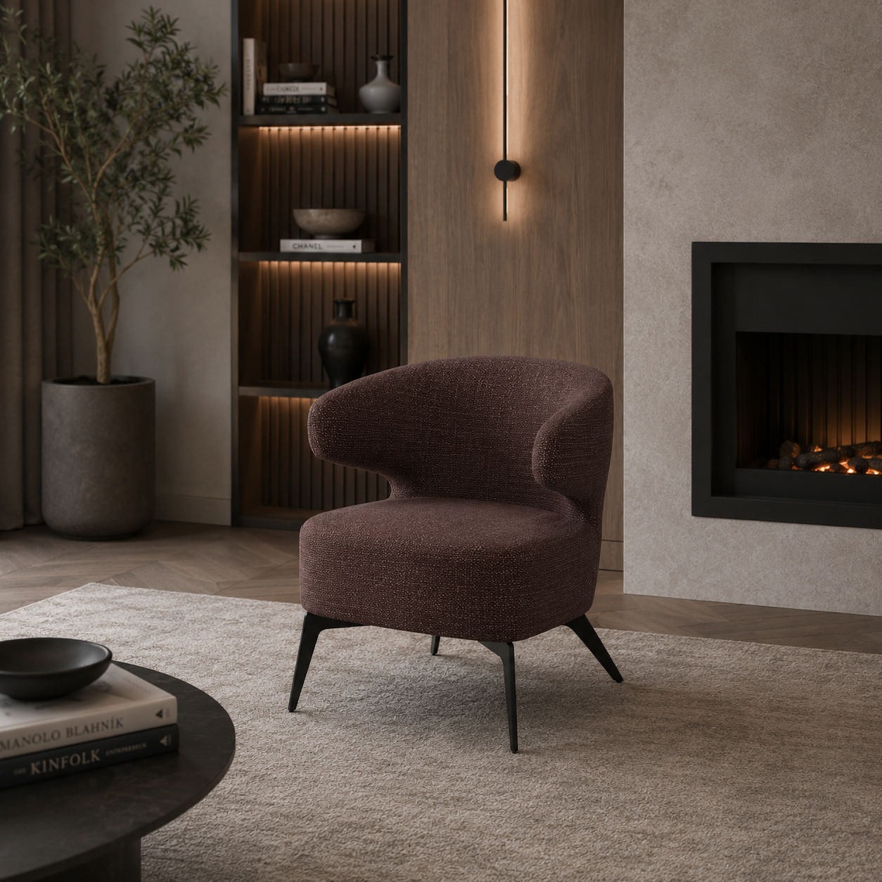Gray Upholstered Armchair – Open Back & Black Splayed Legs 3D Model 2