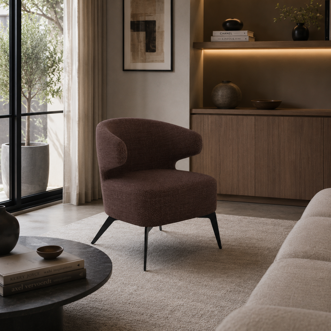 Gray Upholstered Armchair – Open Back & Black Splayed Legs 3D Model 3