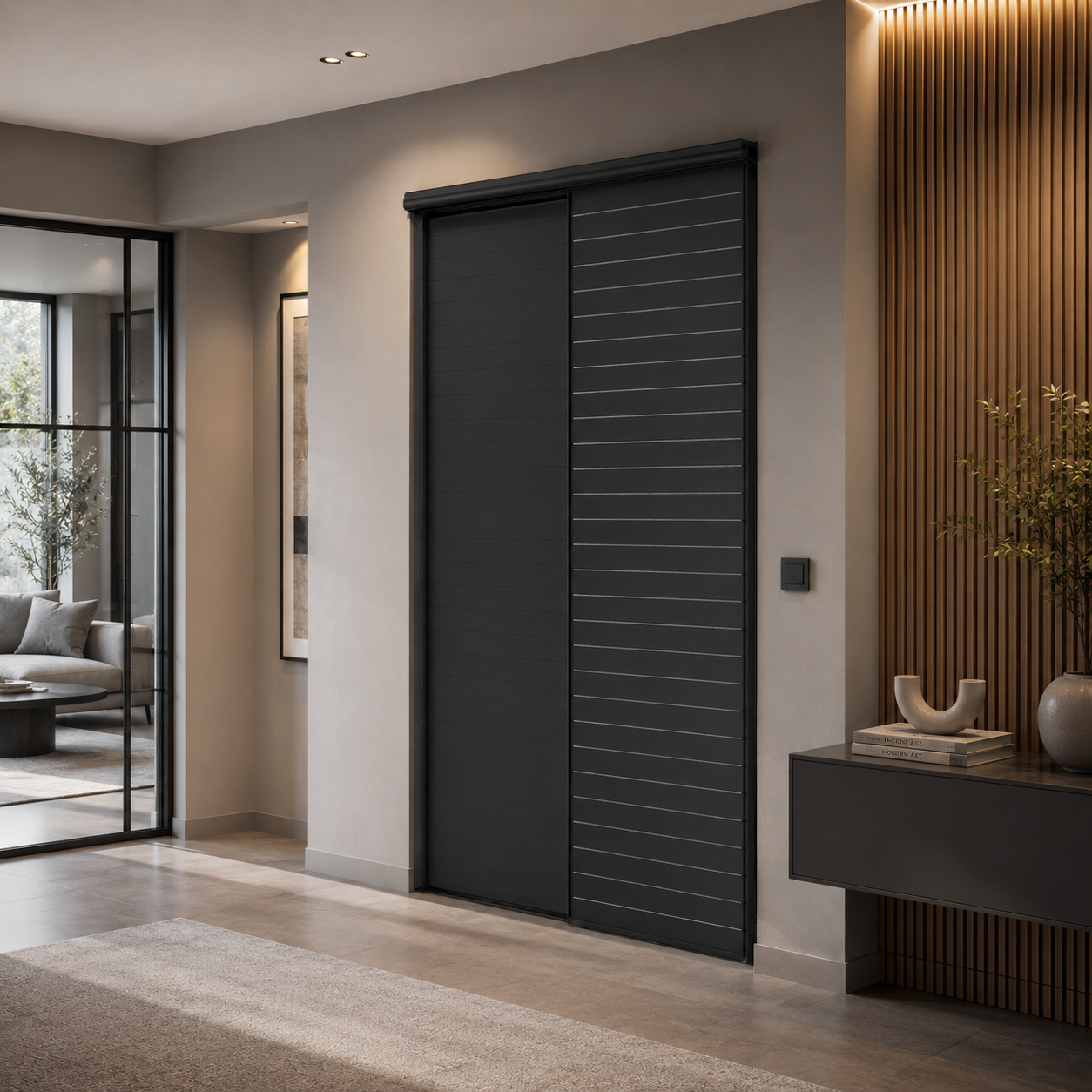 Sliding Door Set – Frosted Glass & Charcoal Slatted Panels 3D Model 3