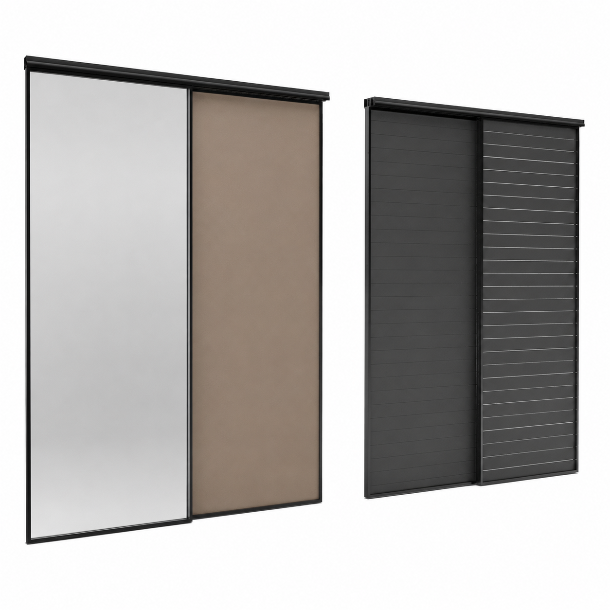 Sliding Door Set – Frosted Glass & Charcoal Slatted Panels 3D Model 1