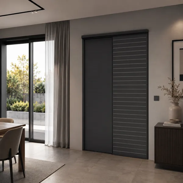 Sliding Door Set – Frosted Glass & Charcoal Slatted Panels 3D Model back