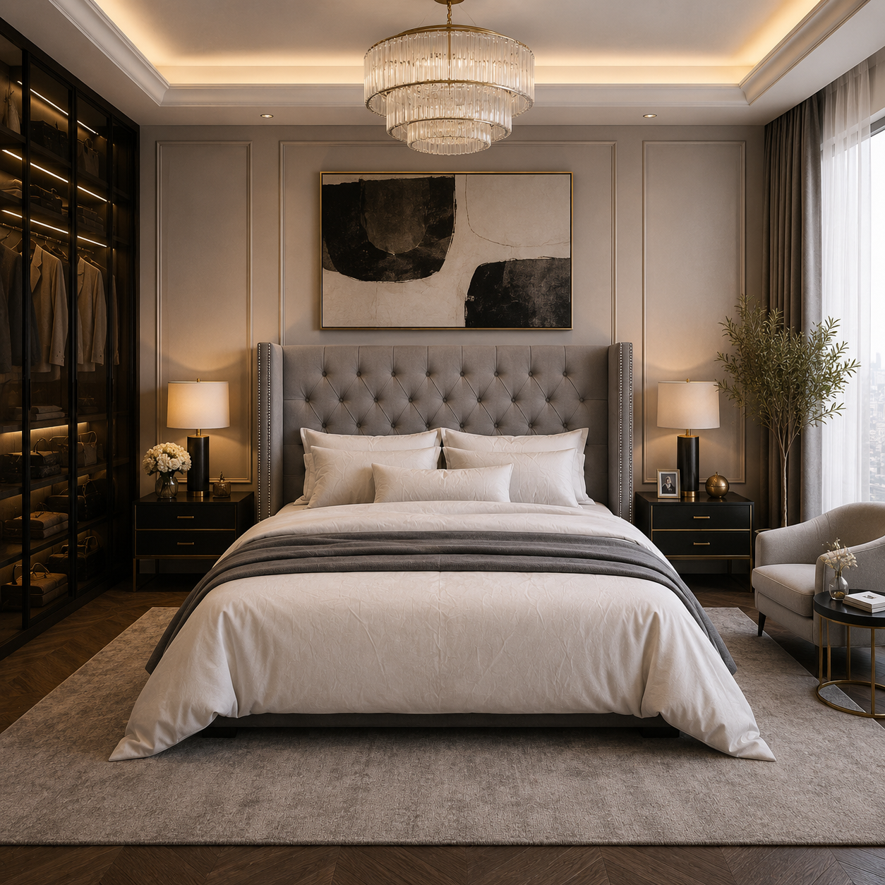 Gray Diamond Tufted Wingback Bed 3D Model 4