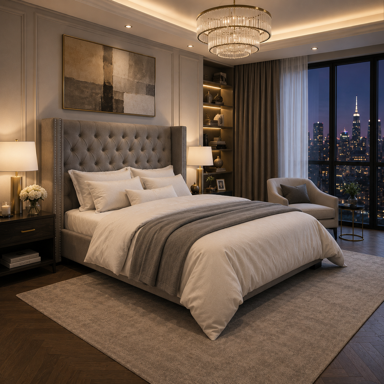 Gray Diamond Tufted Wingback Bed 3D Model 2