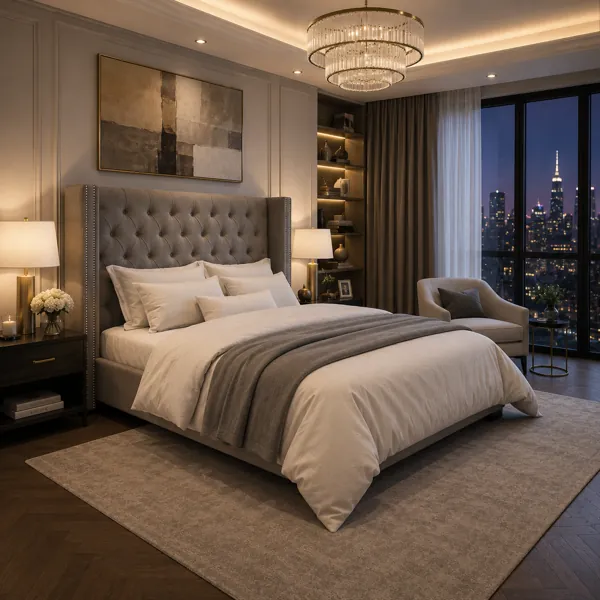 Gray Diamond Tufted Wingback Bed 3D Model back