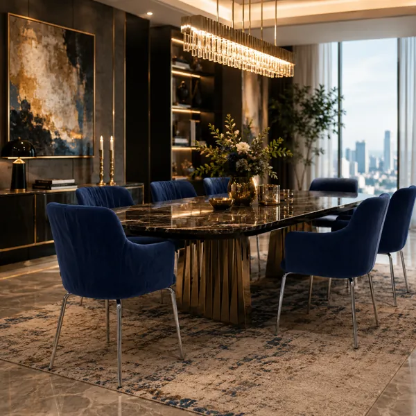 Deep Blue Velvet Armchair – Chrome Metal Legs 3D Model back