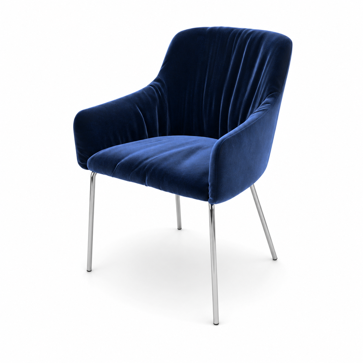 Deep Blue Velvet Armchair – Chrome Metal Legs 3D Model 3