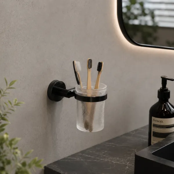 Frosted Glass Bathroom Tumbler – Black Metal Wall Mount 3D Model back