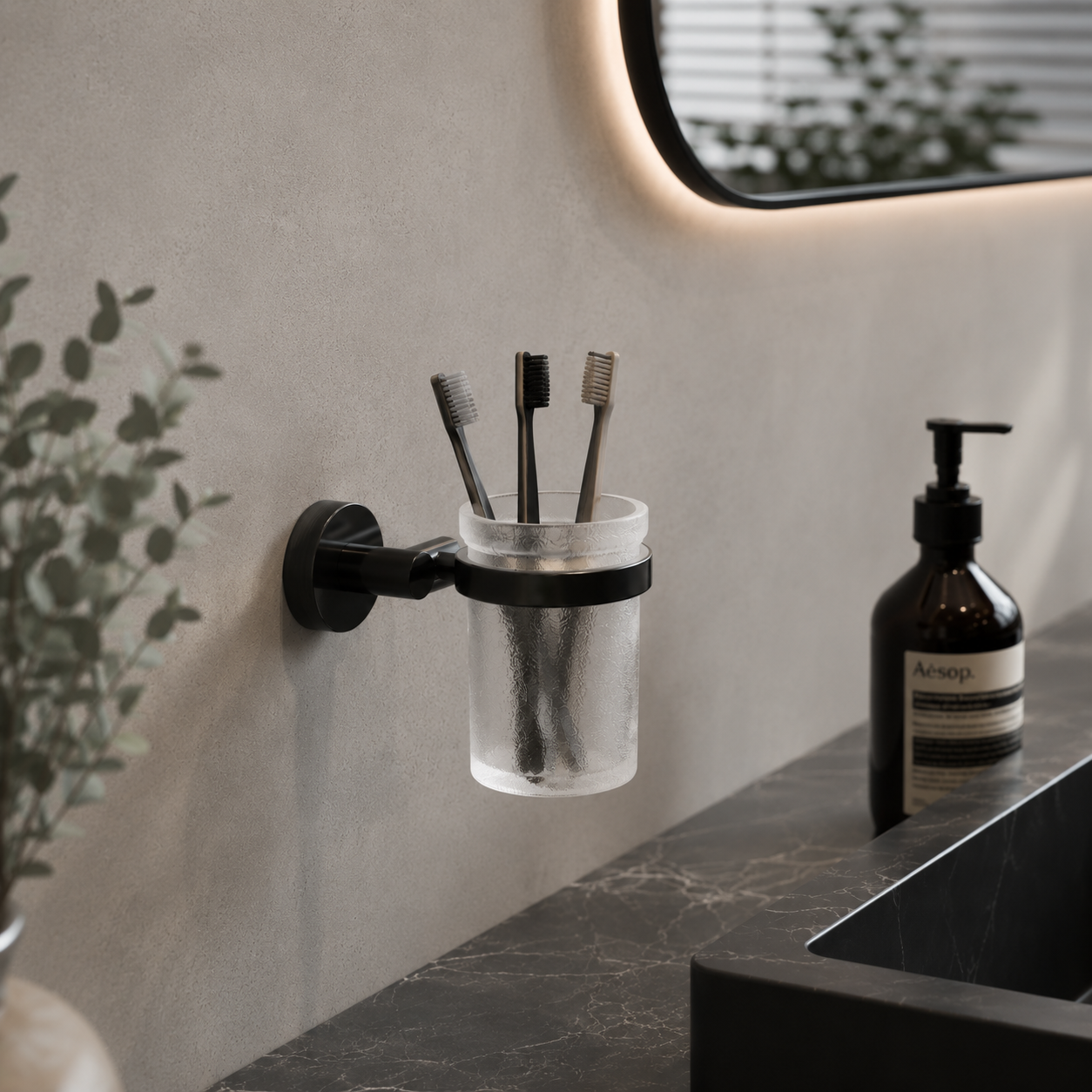 Frosted Glass Bathroom Tumbler – Black Metal Wall Mount 3D Model 3