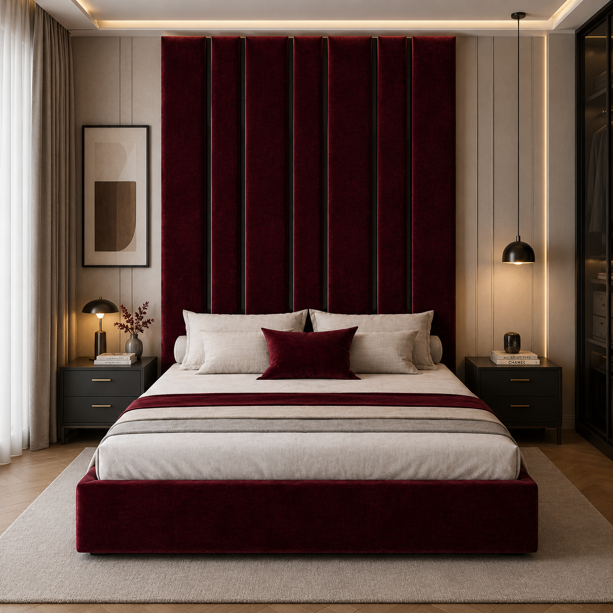 Tall Panel Bed with Brass Line Headboard 3D Model 4