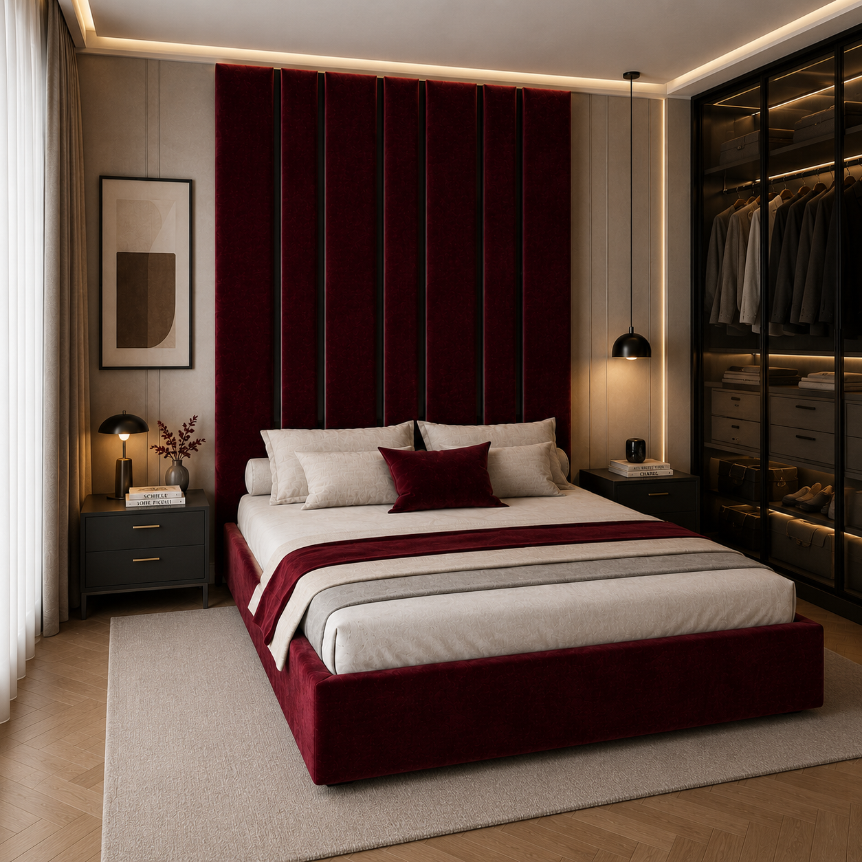 Tall Panel Bed with Brass Line Headboard 3D Model 2