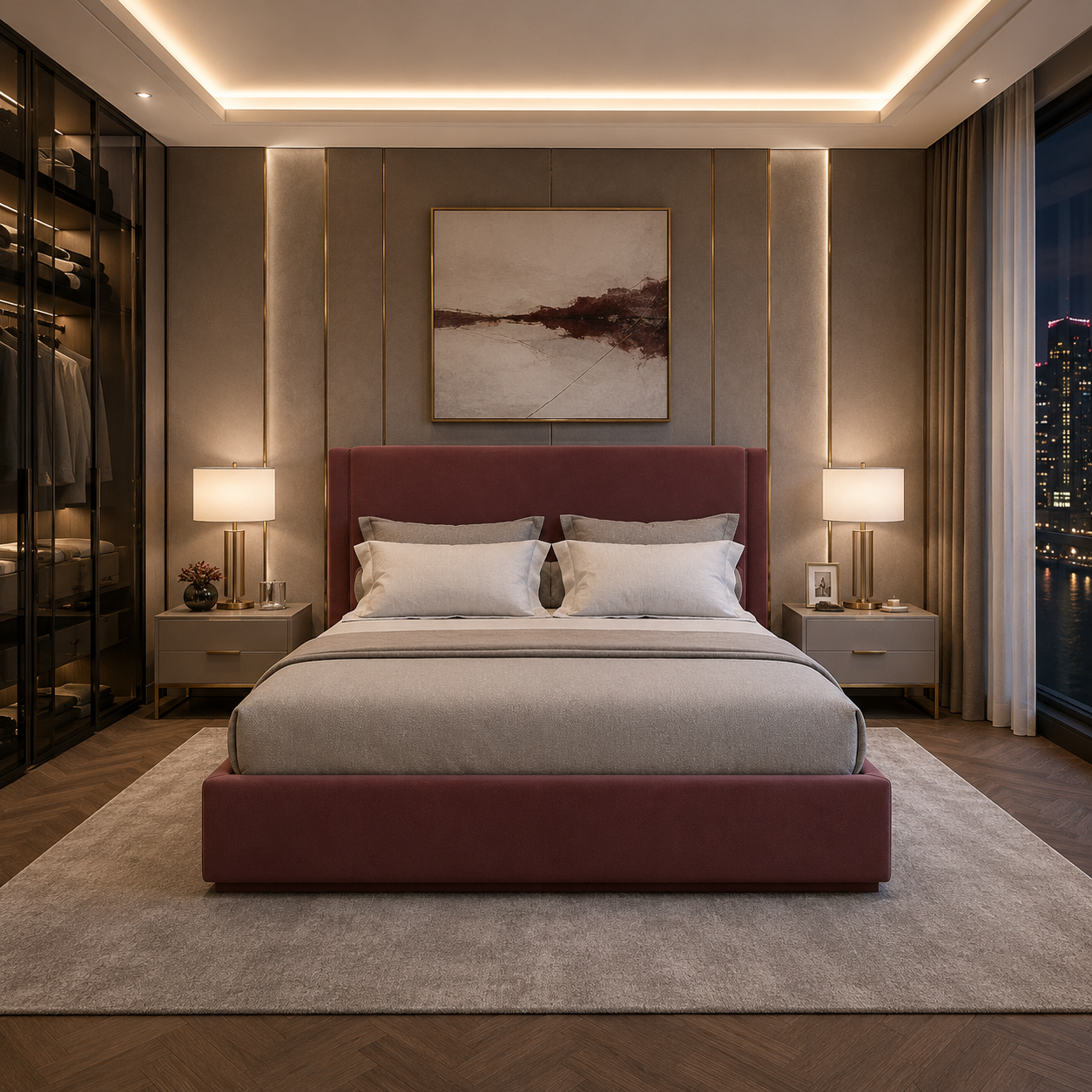 Burgundy Upholstered Bed with Tall Flat Headboard 3D Model 4