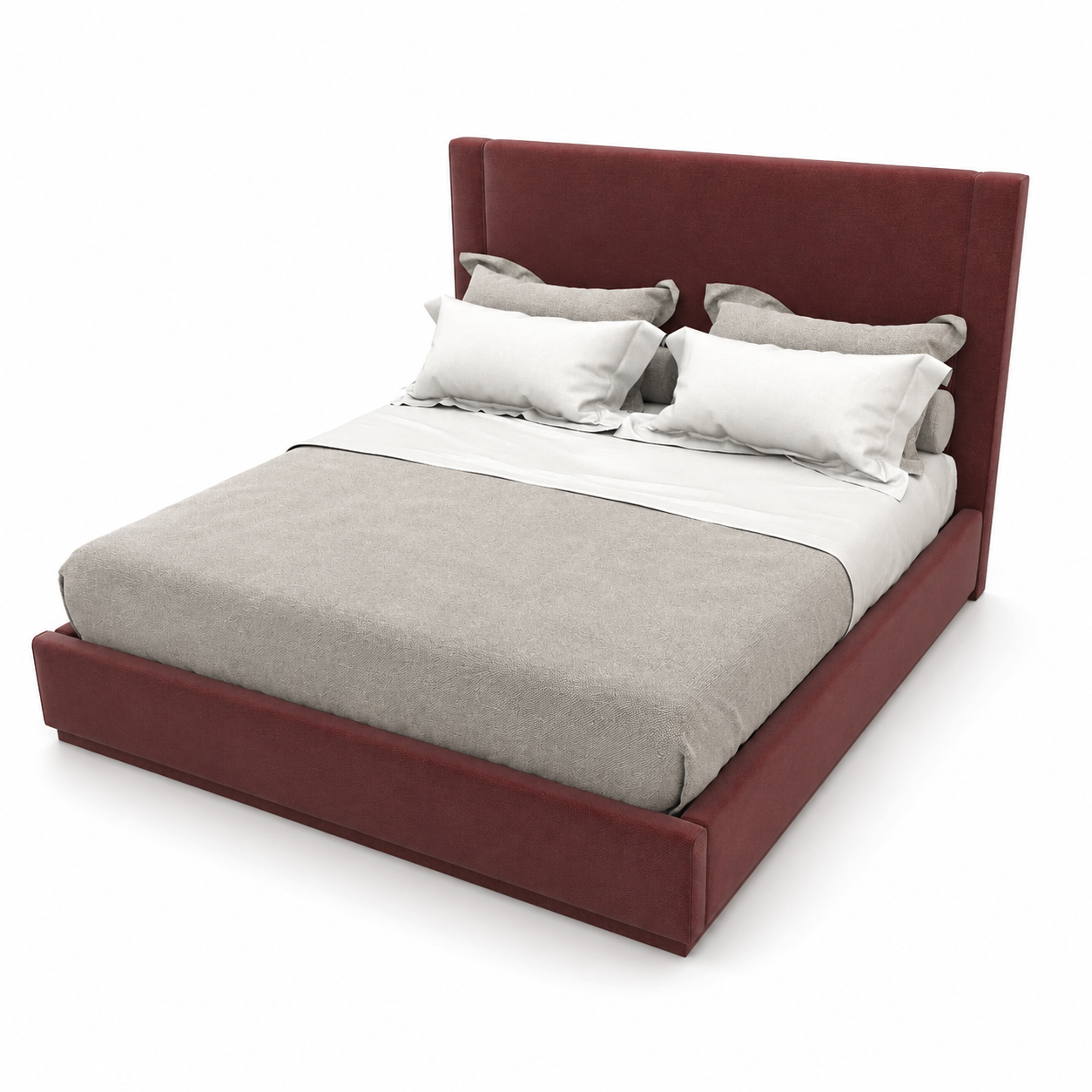 Burgundy Upholstered Bed with Tall Flat Headboard 3D Model 3