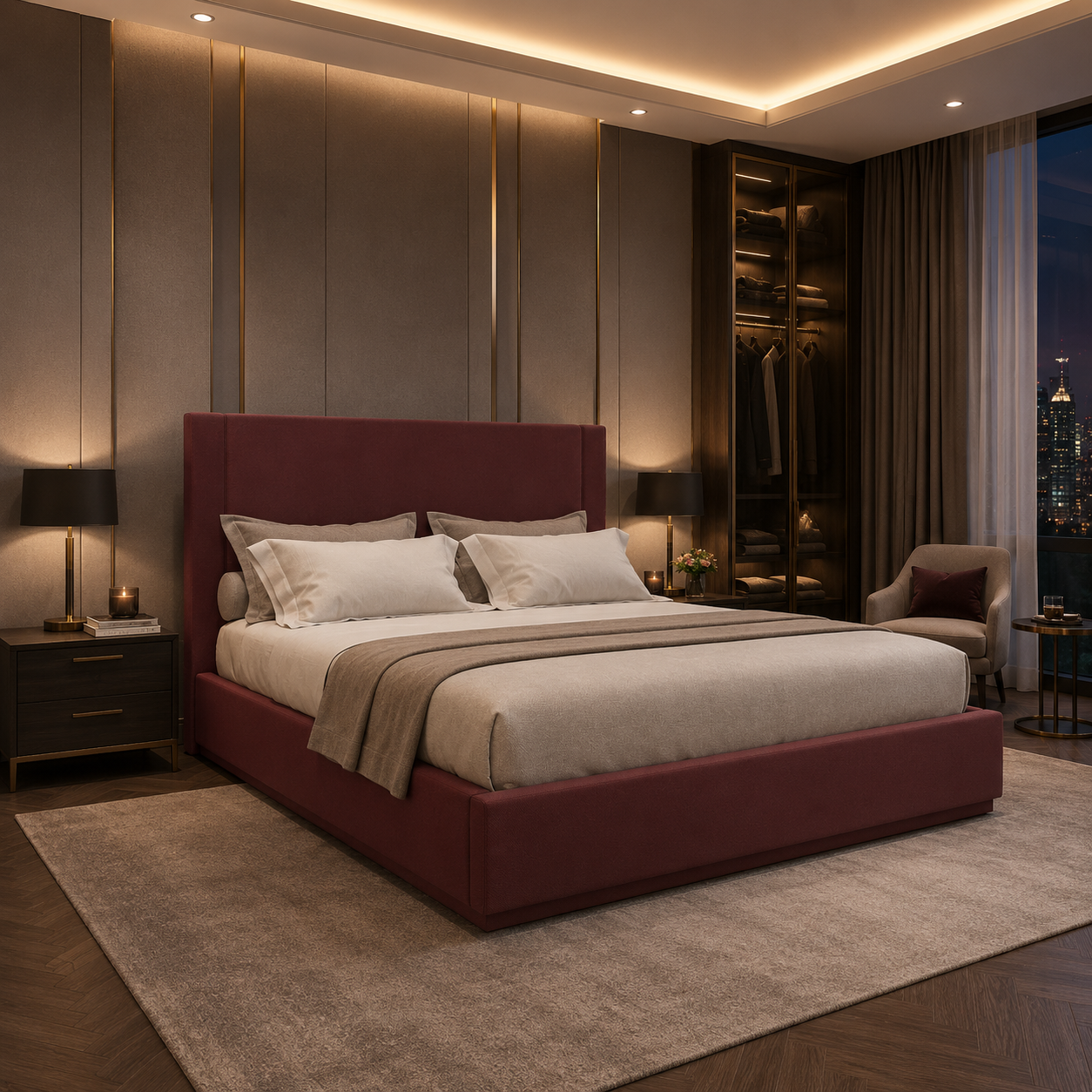 Burgundy Upholstered Bed with Tall Flat Headboard 3D Model 2