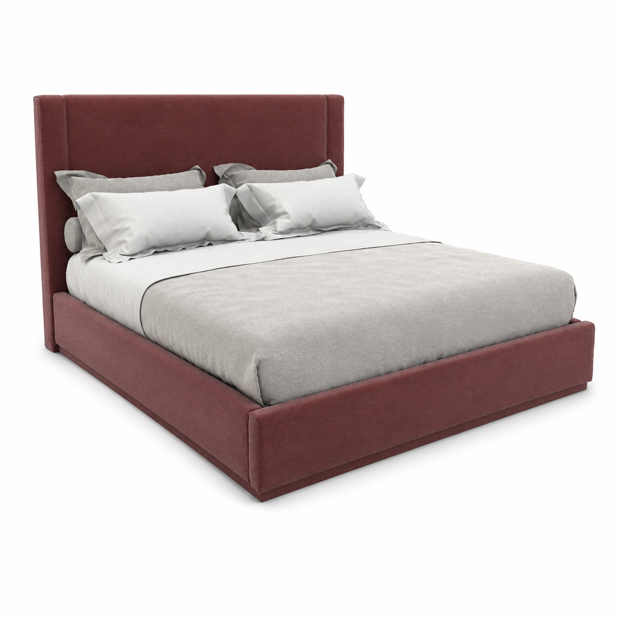 Burgundy Upholstered Bed with Tall Flat Headboard 3D Model 1