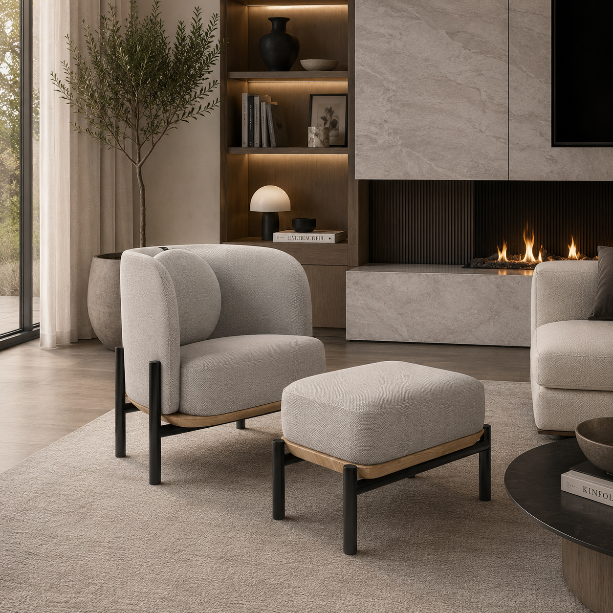 Ivory Boucle Armchair with Black Metal Frame & Ottoman 3D Model 2