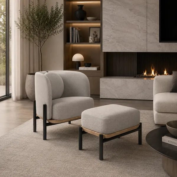 Ivory Boucle Armchair with Black Metal Frame & Ottoman 3D Model back