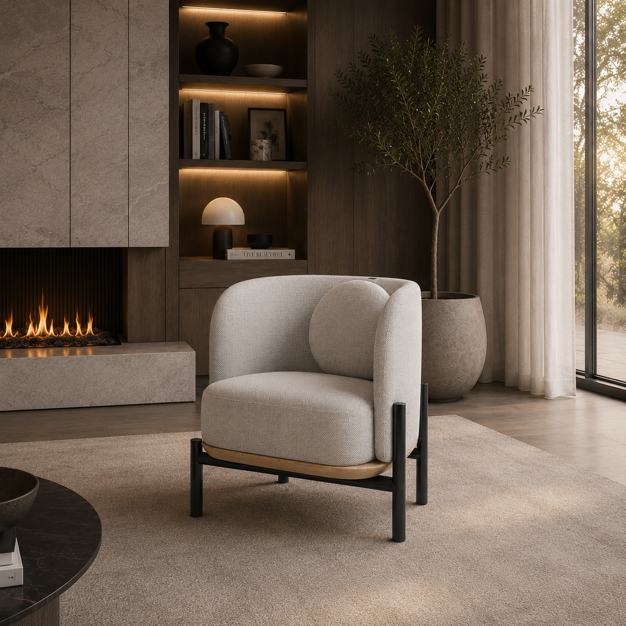 Ivory Boucle Armchair with Black Metal Frame & Ottoman 3D Model 4