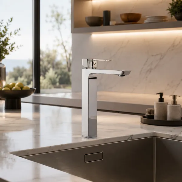 Chrome Square Modern Kitchen Faucet 3D Model back