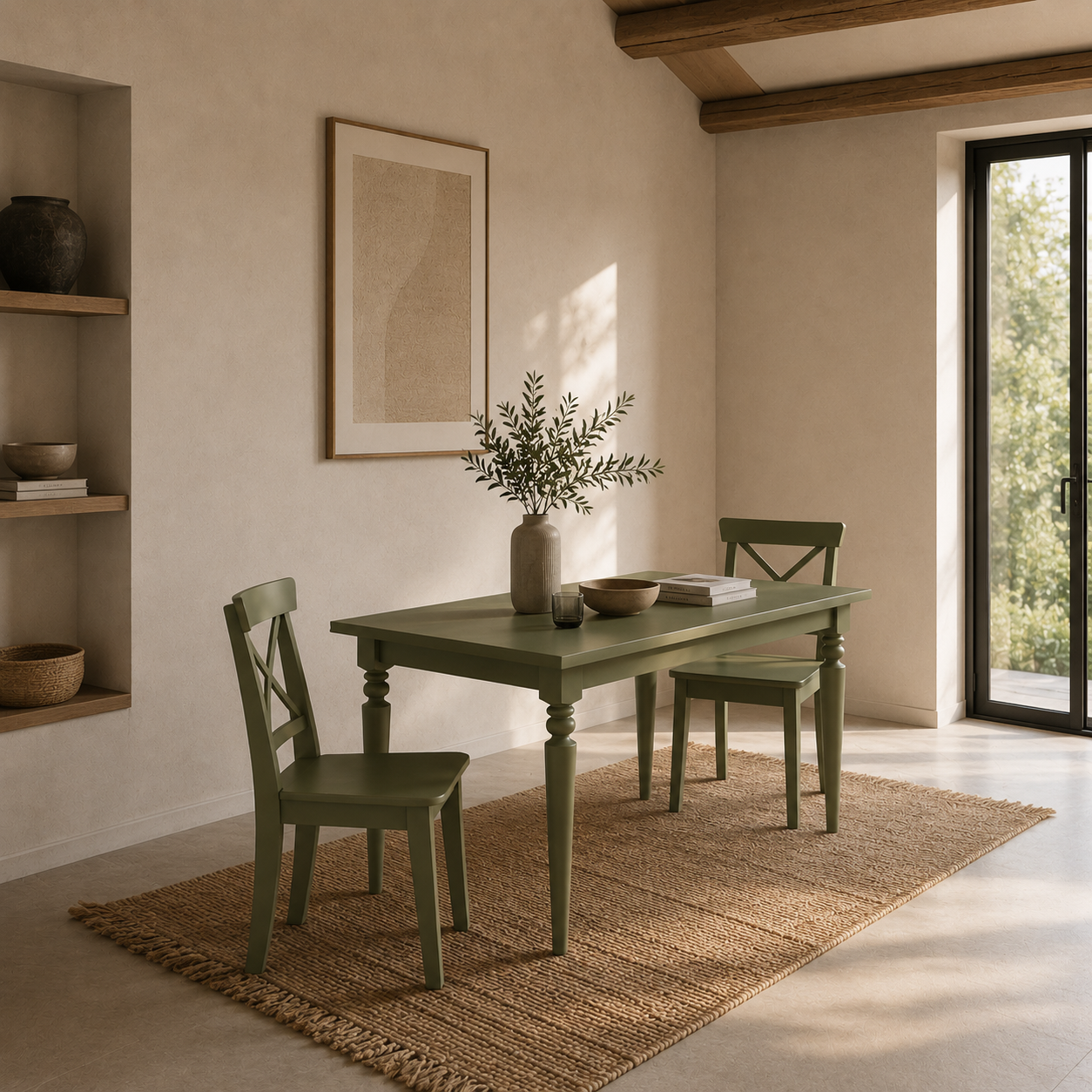 Olive Green Dining Set – Turned Leg Table & Crossback Chairs 3D Model 3