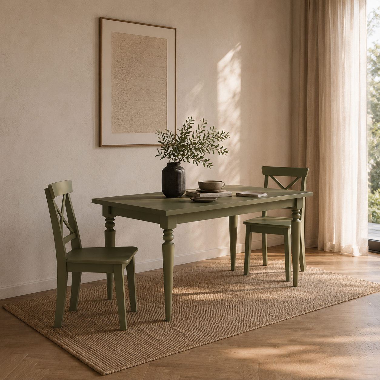 Olive Green Dining Set – Turned Leg Table & Crossback Chairs 3D Model 2