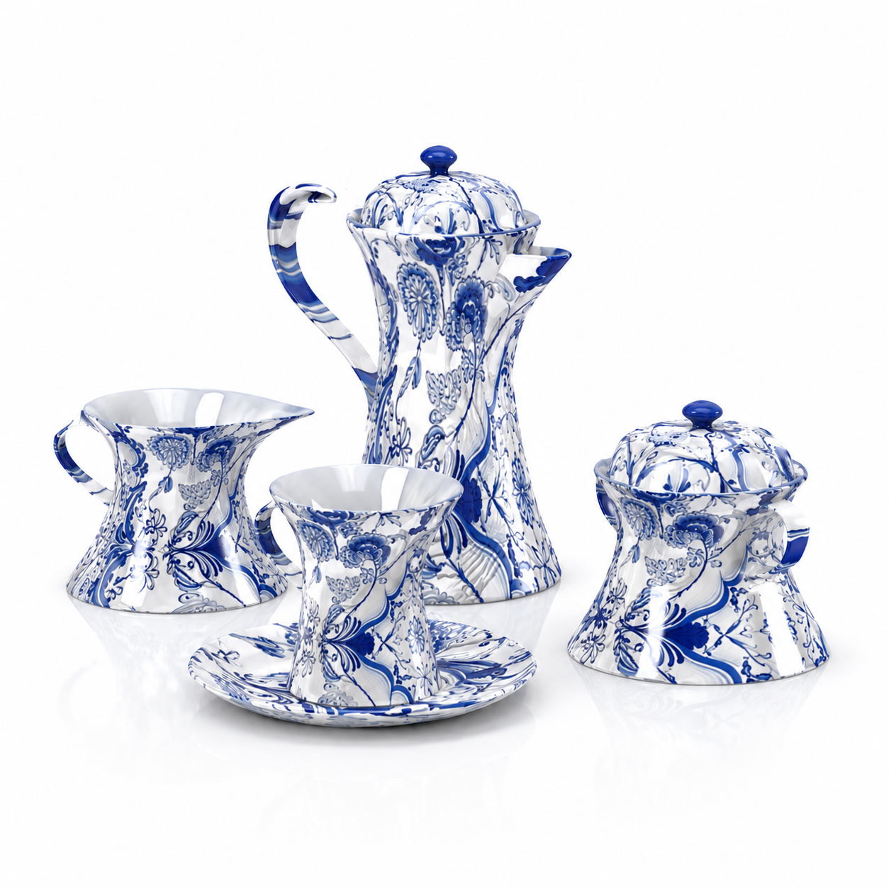 Blue Floral Porcelain Tea Set – White Glaze 3D Model 1