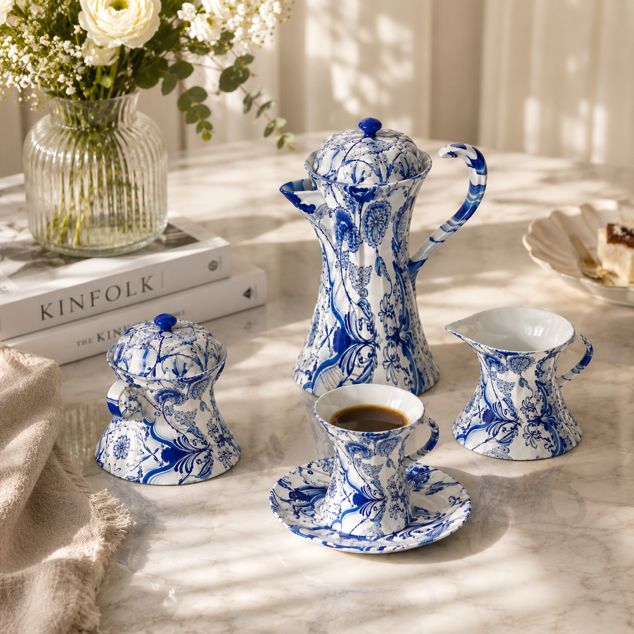Blue Floral Porcelain Tea Set – White Glaze 3D Model 4