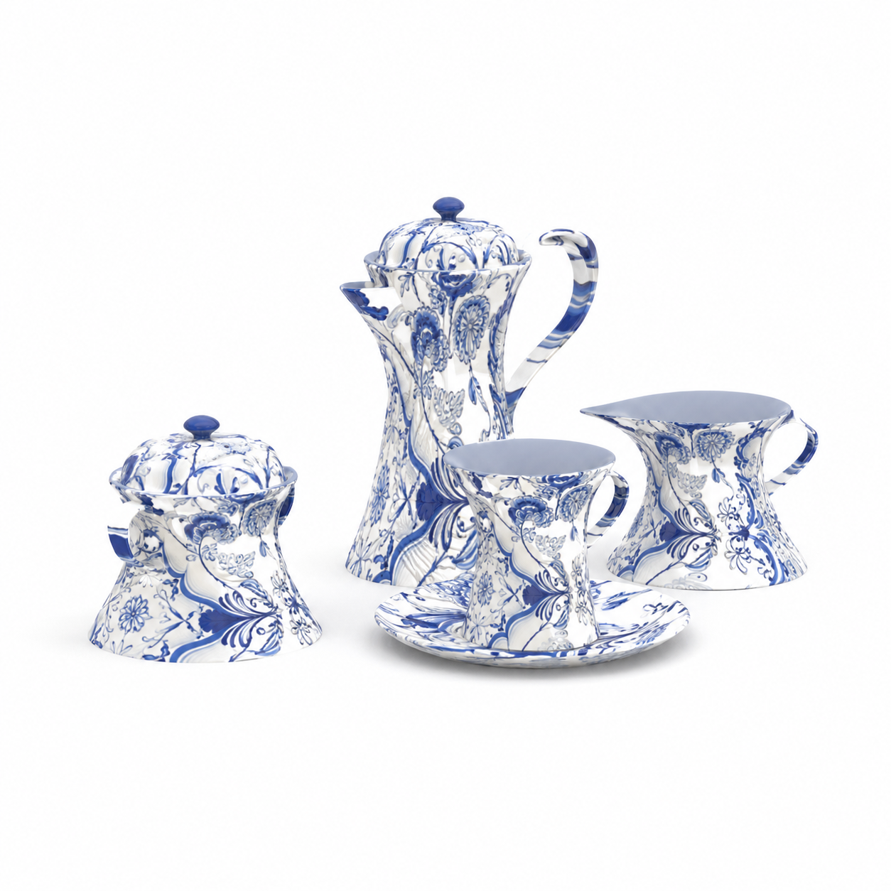 Blue Floral Porcelain Tea Set – White Glaze 3D Model 3
