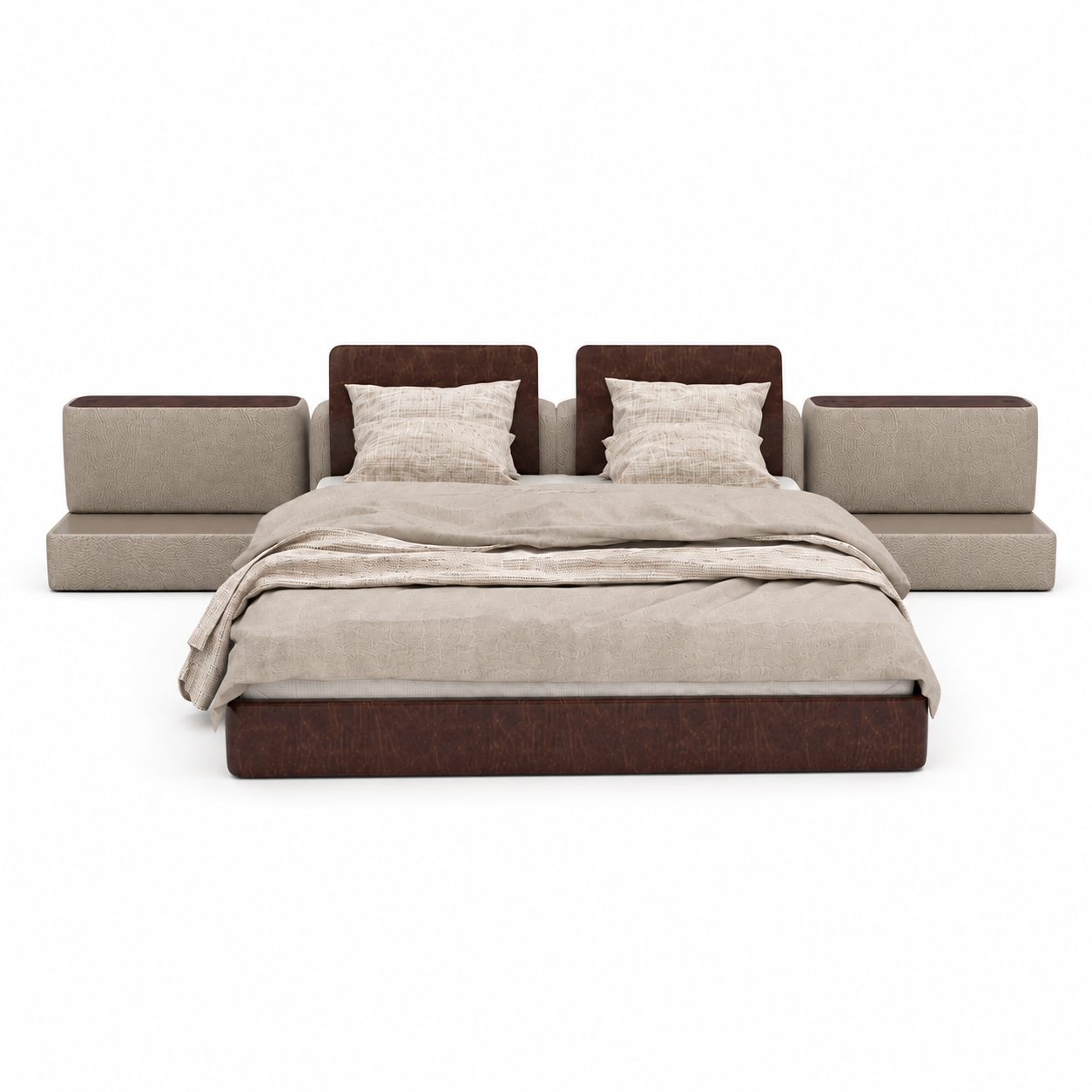 Dark Brown Panel Bed with Beige Side Modules 3D Model 3