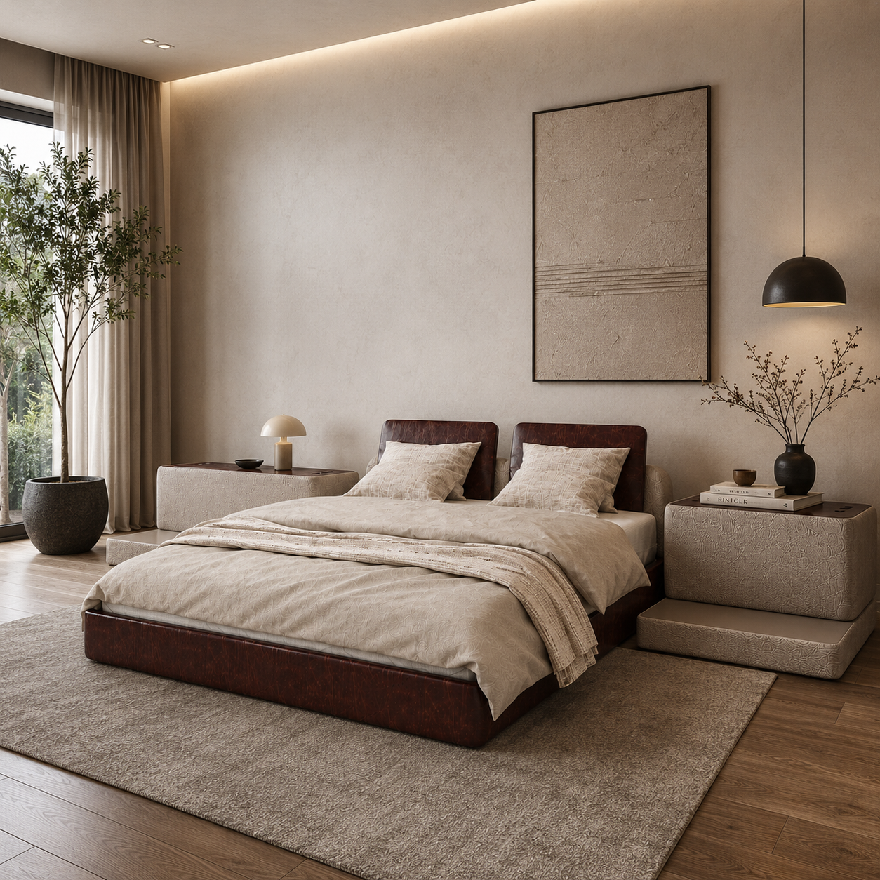 Dark Brown Panel Bed with Beige Side Modules 3D Model 2