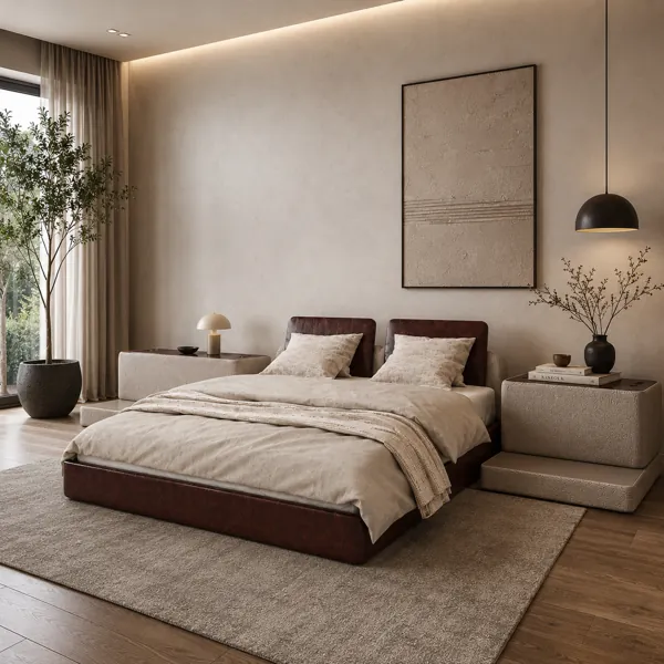 Dark Brown Panel Bed with Beige Side Modules 3D Model back