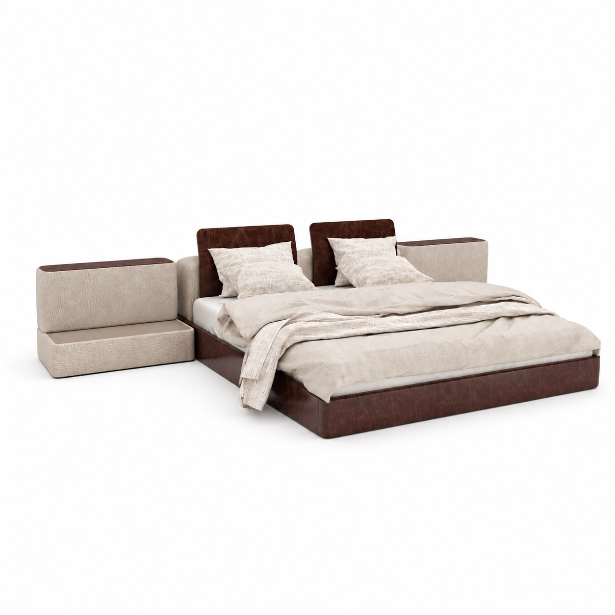 Dark Brown Panel Bed with Beige Side Modules 3D Model 1