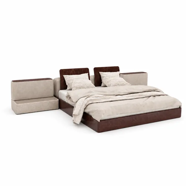 Dark Brown Panel Bed with Beige Side Modules 3D Model