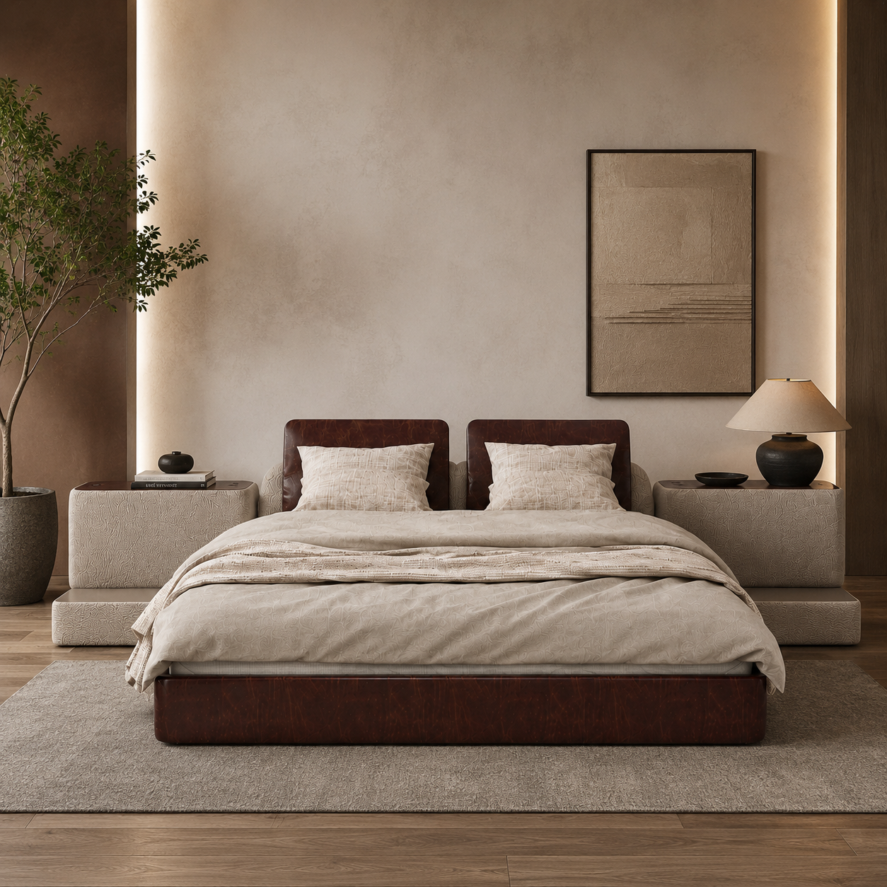 Dark Brown Panel Bed with Beige Side Modules 3D Model 4