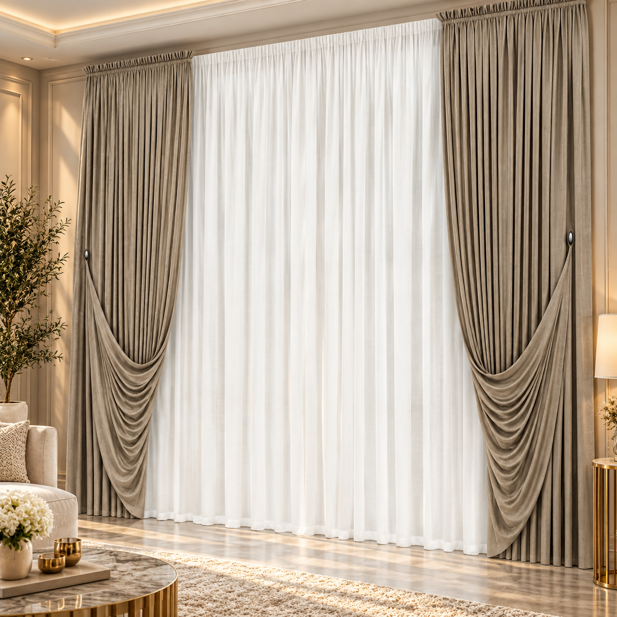 Beige Draped Sheer Curtain 3D Model 4