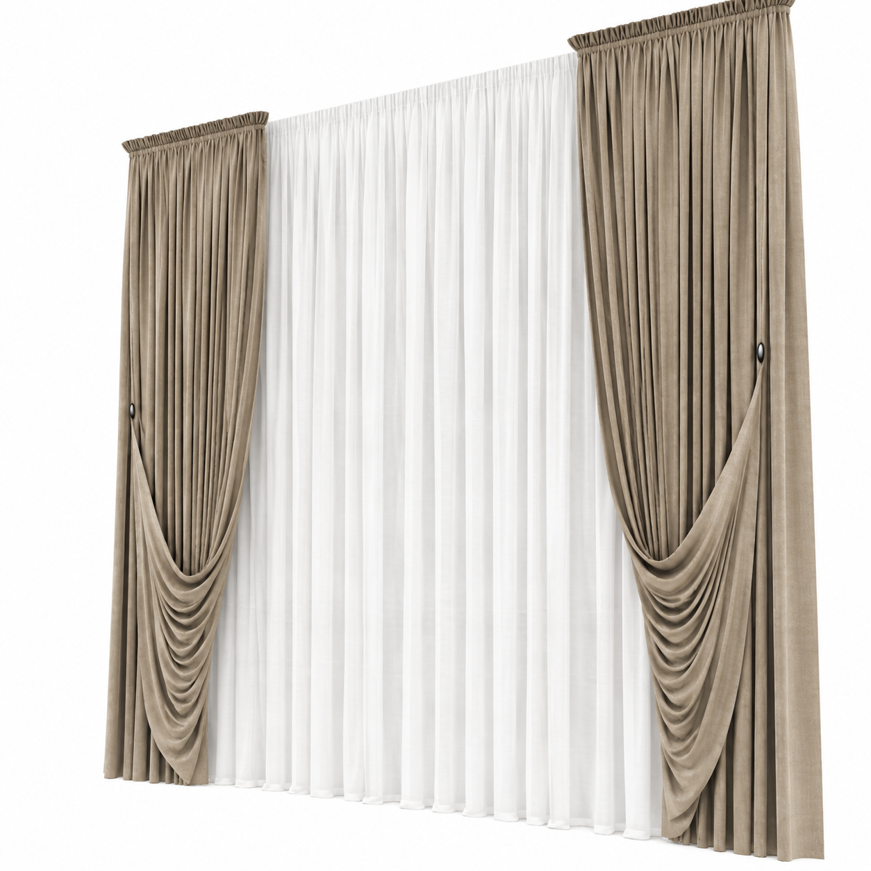 Beige Draped Sheer Curtain 3D Model 3