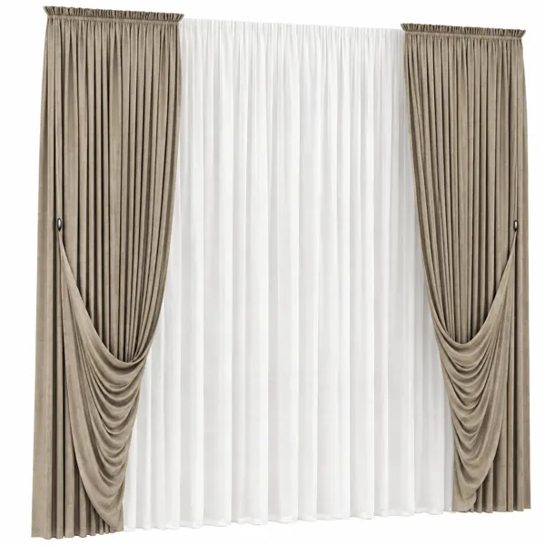 Beige Draped Sheer Curtain 3D Model
